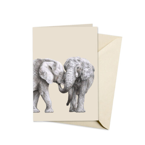 Beige kaart met handgetekende illustratie van twee grijze olifanten, waarbij de rechter met zijn slurf de slurf van de linker vasthoudt. De kaart ligt op een beige envelop.